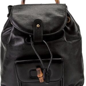 Vintage GUCCI Bamboo Backpack Black Leather Purse GG Drawstring Bag
